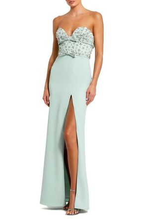 Mac Duggal Strapless Sweetheart Crepe Gown with Embellished Bodice, Bow Detail & Thigh-High Slit in Mint at Nordstrom, Size 12