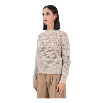 Max Mara Round-neck Knitwear, female, Beige, L, Sequin Embellished Beige Jumper
