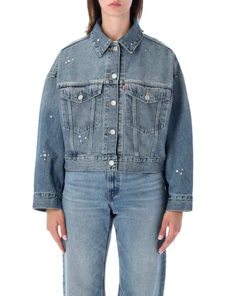 Levi's Cropped Denim Jacket With Button-Up Front And Rhinestone Embellishments