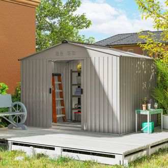 OUTSUNNY 9 x 6FT Galvanised Garden Storage Shed with Sliding Door, Grey in Mid Grey