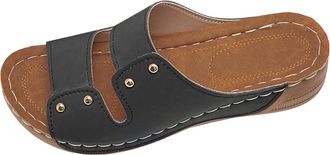 Generic Womens Slide Sandals Summer 2026 Casual Leather Slippers with Wooden Look Sole Soft Cushion Comfortable Orthopedic Home Shoes for Women Indoor Outdoor