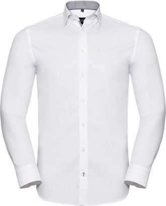 Russell Athletic Russell Collection Herenhemd met lange mouwen en contrasterende visgraatmotief (Wit/Zilver/Convoy Grijs)