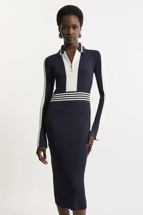 Karen Millen Rib Knit Polo Zip Up Midi Dress in Navy at Nordstrom, Size X-Small