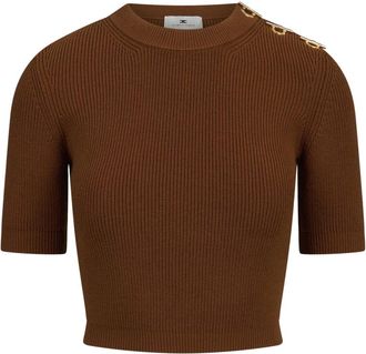 Elisabetta Franchi Gebreide top met juweeldetails - Dames - Ronde hals truien - Bruin - M - Polyester - Truien & Vesten