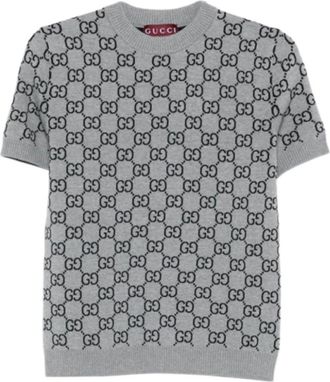 Gucci Round-neck Knitwear, female, Gray, Size: XS Reversible GG Wool Jacquard Top