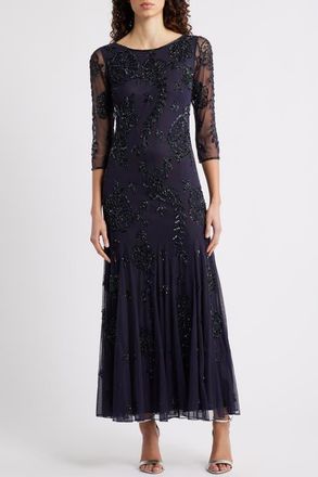 Pisarro Nights Beaded Floral Mesh Gown in Slate 421 at Nordstrom, Size 12