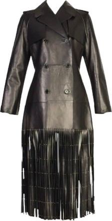 Valentino Garavani Valentino Black Leather Trench Coat with Fringe Detail Size S