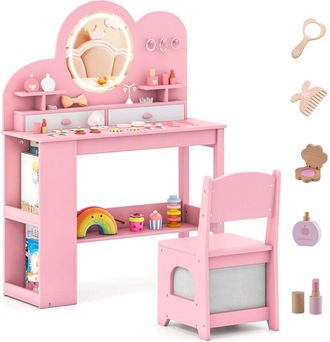 Costway Kids Princess Vanity Table & Chair Set with 2 Drawers-Pink