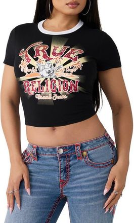 True Religion Rhinestone Heritage Graphic Ringer Baby Tee in Jet Black at Nordstrom, Size Xx-Large