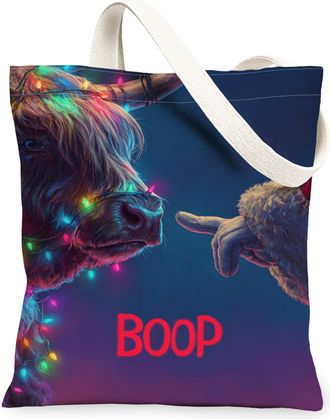 Generic Festive Animal Canvas Tote Bags, Playful Holiday Design Reusable Grocery Bags, Lightweight Washable Shoulder Strap Canvas F, Blue, 13x15 Inch