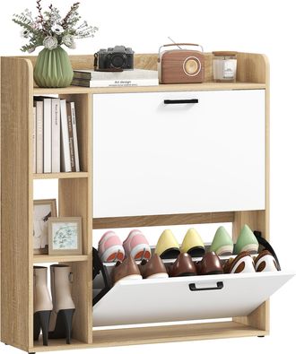 OEM Zapatero Estrecho Con 2 Puertas 3 Estantes Laterales Y Estantes Ajustables Para 15 Pares De Zapatos Natural Y Blanco