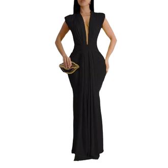 Generic Womens Sexy Sleeveless Deep V Dress Fashion Ruched Slimming Floor Length Gown Formal Evening Party Prom Frock (Black,M)
