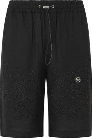 Philipp Plein Embroidered Linen Bowling Shorts Tattoo Strass