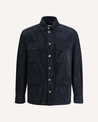 Brunello Cucinelli Navy Leather Utility Jacket, Size X-Large