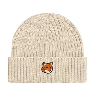 Maison Kitsun&eacute; Fox Head Beanie - unisex - Hoeden - Beige - ONE Size - Katoen - Accessoires