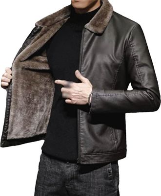 Generic Winter Mens Leather Jacket Man Motorcycle PU Leather Jacket Casual Fleece Warm Zipper Leather Coats