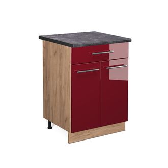 Vicco Mueble Bajo De Cocina Fame-line, Rojo Burdeos Alto Brillo, 60 Cm Con Caj&oacute;n, Et Antracita Vicco
