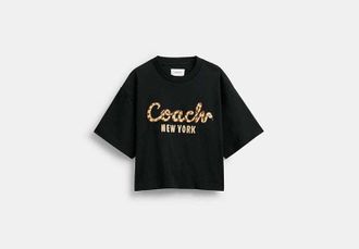 Coach Womens New Year Coach Snake Script Cropped T-Shirt in Black, Size X-Small | Organic Cotton