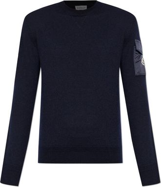 Moncler Sweater met mouwzak - Heren - Ronde hals truien - Blauw - S - Wol - Truien & Vesten