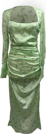 Ganni Ganni Ruched Floral-Prin Midi Dress in Green Silk