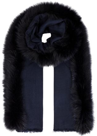 Ama Pure Ama Pure Black Fur-trimmed Wool Scarf - Navy