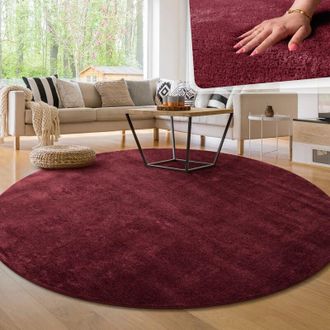 Paco Home Paco Home - Alfombra Moderna para Salón a Pelo Corto Lavable Suave Uni Efecto Piel Antideslizante Rojo, ø 200 cm redon