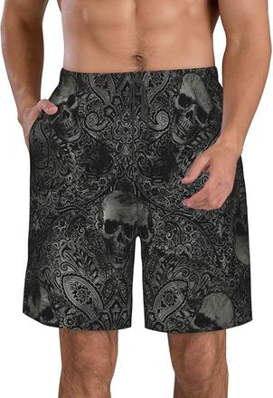 Generic Vintage Spooky Black Gothic Skull Damask Mens Swimwear Boardshort Breathable Board Shorts Quick Dry Swimming Trunk for Surfing Summer Sports S