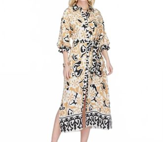 Jade Yoga The Isla Ethnic Border Maxi Shirt Dress In White/ Tan / Black
