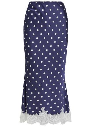 Self Portrait Polka dot Lace-trim Satin Midi Skirt - Navy - 10 (UK10 / S)