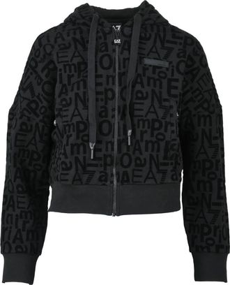 Emporio Armani Felpa con logo in velluto - Dames - Vesten met rits - Zwart - S - Katoen - Hoodies & sweatvesten