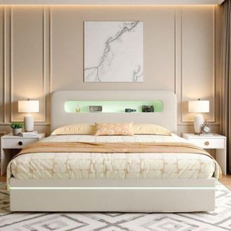 OEM Cama Cofre Doble 160x200 - Cabecera De Terciopelo Beige - Almacenamiento Hidr&aacute;ulico - Led Rgb - Dise&ntilde;o Moderno