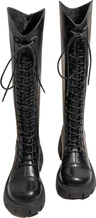 Generic Womens Lace Up Knee High Boots Winter Platform Thick Heel Cotton Lined Style Long Booties