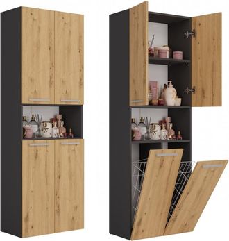 OEM Mueble De Ba&ntilde;o Artesanal De Roble Antracita, Estante De Columna Con Cestas: Funcionalidad Y Estilo Para Su Ba&ntilde;o