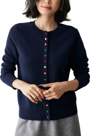 Dissa Women Cashmere Cardigan Dark Blue Crewneck Knitted Cardigan Long Sleeve Fitted Cashmere&Wool Thick Plain Ladies Sweater,UK 12,MY25264