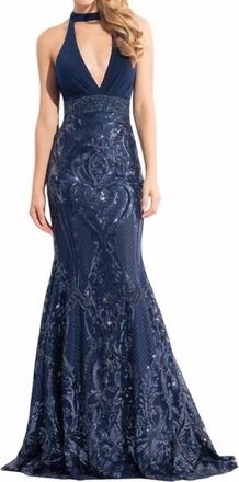 Rachel Allan Halter Neck Embellished Mermaid Gown In Navy