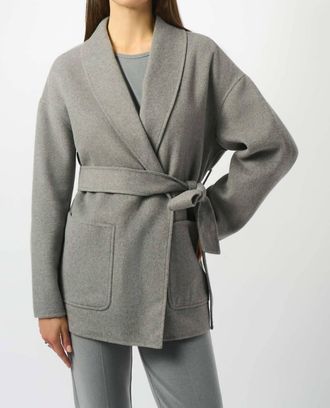 Joseph Ribkoff Belted Short Wrap Kimono Coat In Light Grey