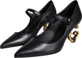 Dolce & Gabbana Womens Black Leather Logo Heels Mary Janes Pumps Shoes Lamb