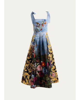 Alice & Olivia Hana Square-Neck Tie-Shoulder Maxi Dress
