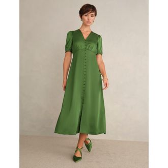 Hobbs London Button Front Puff Sleeve Midi Dress in Bay Leaf Green at Nordstrom, Size 10