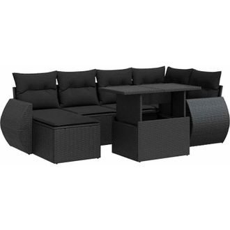 vidaXL Set De Sof&aacute;s De Jard&iacute;n 7 Pzas Con Cojines Rat&aacute;n Sint&eacute;tico Negro