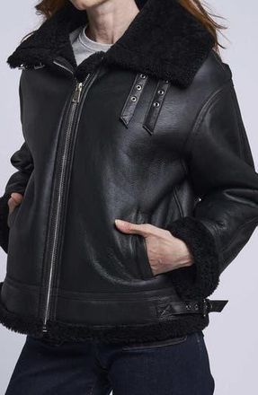 Blue Duck Leather Bomber Jacket with Genuine Shearling Trim in Black at Nordstrom Rack, Size X-Large