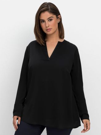 Sheego Longbluse SHEEGO, Damen, Gr. 44, schwarz, 100% Polyester, unifarben, V-Ausschnitt, Blusen Longbluse