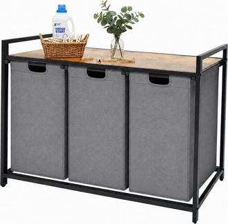 Relaxdays Relaxdays Cesto Ropa Sucia 3 Sacos, 150 L, Estante Madera, 73,5x109,5x33 Cm, Gris/natural