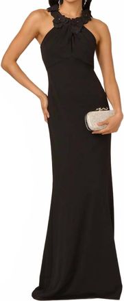 Adrianna Papell Floral Embellished Crossover Halter Gown In Black