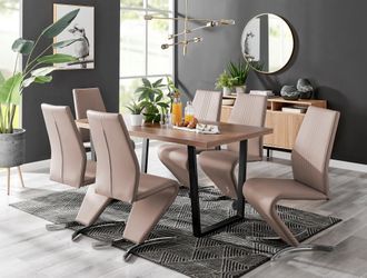 Furniturebox Kylo Large Brown Wood Effect Dining Table & 6 Willow Faux Leather Chairs in Beige