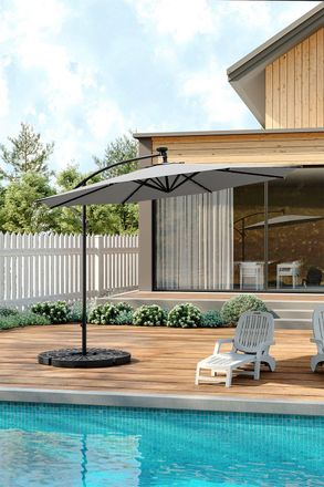 Living and Home Outdoor 32 LED Lighted Patio Umbrella with Crank Lift System, Cross Base & Fillable Base in Light Grey