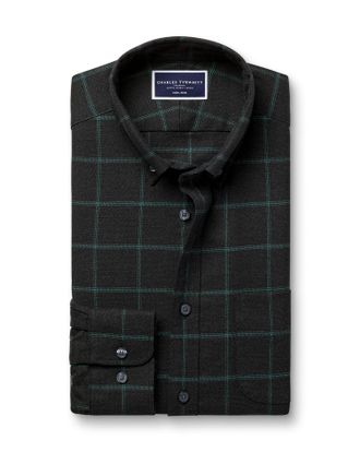 CHARLES TYRWHITT Non-Iron Twill Windowpane Check Cotton Shirt - Grey & Green Size Large by Charles Tyrwhitt