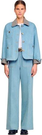 Sandro Plaid collar denim jacket in Blue Jean at Nordstrom, Size 42 Eu