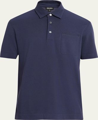 Ermenegildo Zegna Mens Pique Polo Shirt with Leather-Trim Pocket