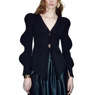 Urban Revivo Women Long Sleeve V Neck Lightweight Single Leaf Button Down Cardigan, Black (black-02), XL